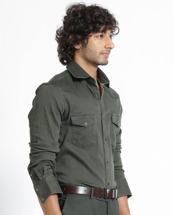 Rare Rabbit Men's Xenon Olive Cotton Polyester Fabric Full Sleeves Solid Shirt