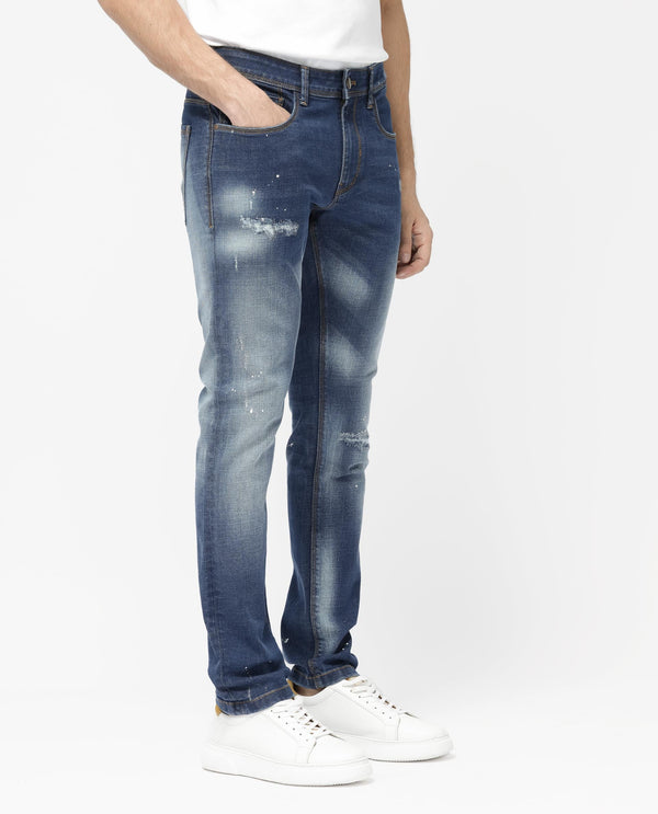 Rare Rabbit Mens Xian Blue Cotton Polyester Solid Slim Fit Jeans