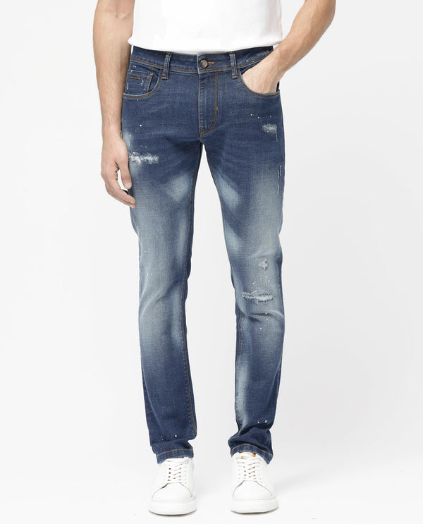 Rare Rabbit Mens Xian Blue Cotton Polyester Solid Slim Fit Jeans