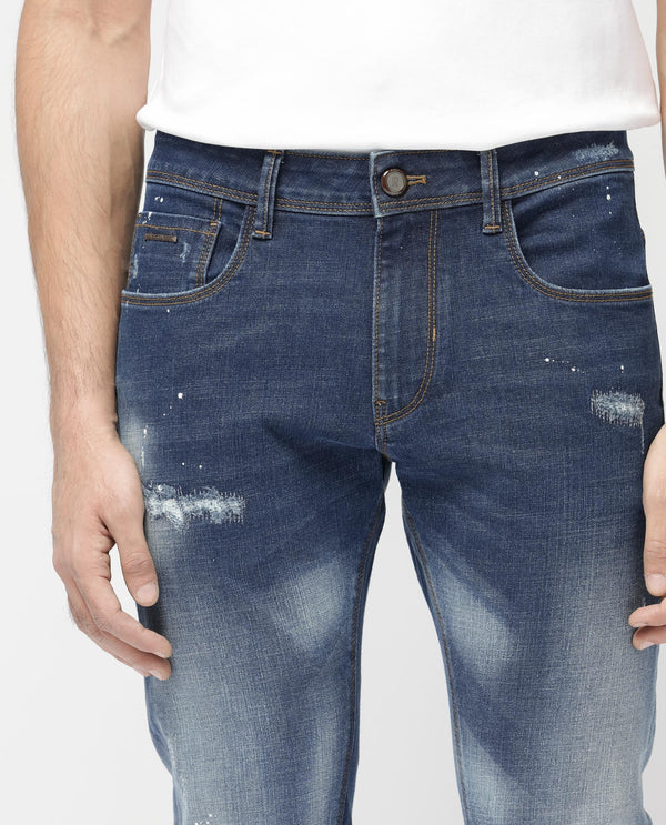 Rare Rabbit Mens Xian Blue Cotton Polyester Solid Slim Fit Jeans