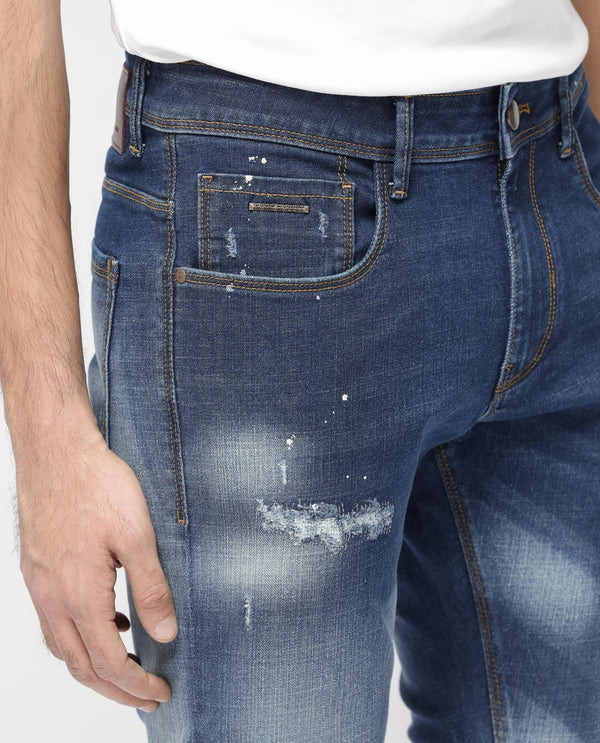 Rare Rabbit Mens Xian Blue Cotton Polyester Solid Slim Fit Jeans