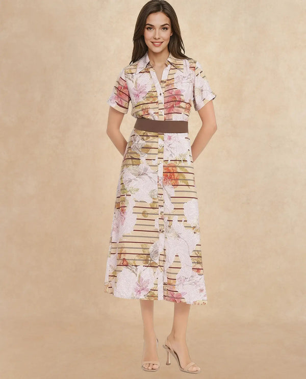 Rareism Women Xina Brown Short Sleeve Collared Neck Button Closure A-Line Maxi Floral Print Dress