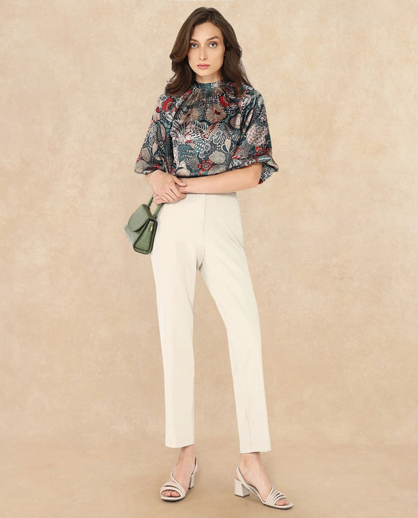 Rareism Women Xito Multi Satin Raglan Sleeves Mandarin Collar Button Closure Abstract Print Top