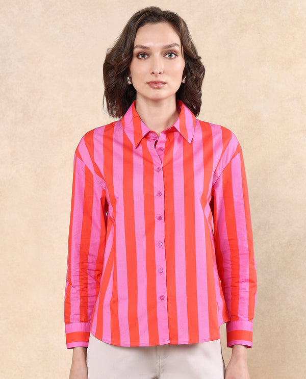 Rareism Women Xuewr Red Poplin Fabric Cuffed Sleeve Collared Neck Button Closure Boxy Fit Broad Stripes Shirt