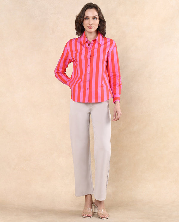 Rareism Women Xuewr Red Poplin Fabric Cuffed Sleeve Collared Neck Button Closure Boxy Fit Broad Stripes Shirt