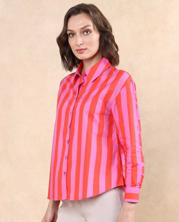 Rareism Women Xuewr Red Poplin Fabric Cuffed Sleeve Collared Neck Button Closure Boxy Fit Broad Stripes Shirt