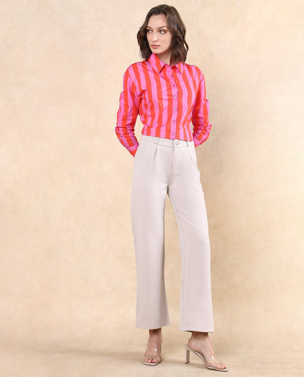 Rareism Women Xuewr Red Poplin Fabric Cuffed Sleeve Collared Neck Button Closure Boxy Fit Broad Stripes Shirt