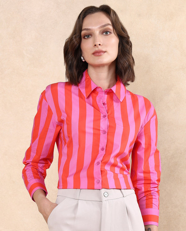 Rareism Women Xuewr Red Poplin Fabric Cuffed Sleeve Collared Neck Button Closure Boxy Fit Broad Stripes Shirt
