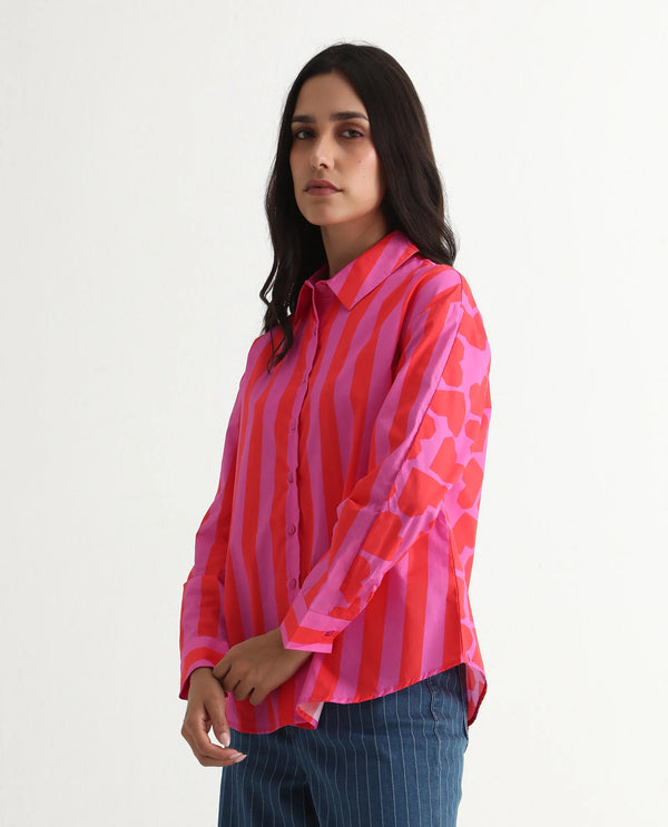 Rareism Women Xuewr Red Poplin Fabric Cuffed Sleeve Collared Neck Button Closure Boxy Fit Broad Stripes Shirt