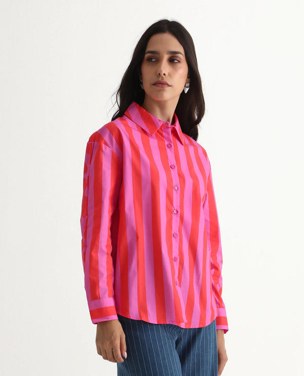 Rareism Women Xuewr Red Poplin Fabric Cuffed Sleeve Collared Neck Button Closure Boxy Fit Broad Stripes Shirt