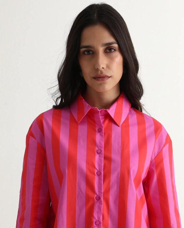 Rareism Women Xuewr Red Poplin Fabric Cuffed Sleeve Collared Neck Button Closure Boxy Fit Broad Stripes Shirt