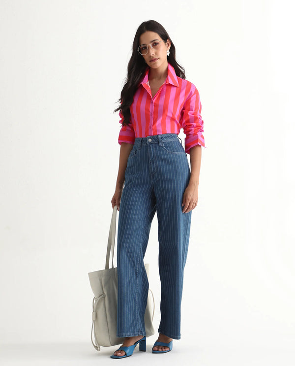 Rareism Women Xuewr Red Poplin Fabric Cuffed Sleeve Collared Neck Button Closure Boxy Fit Broad Stripes Shirt