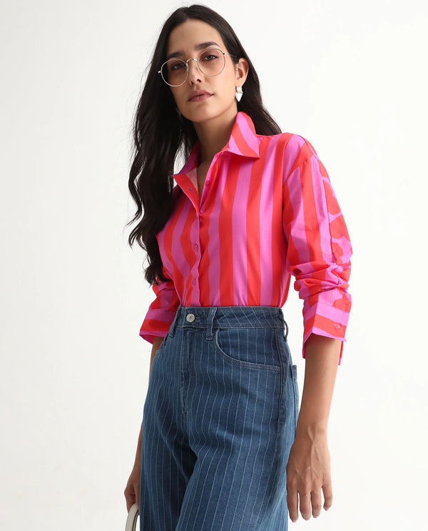 Rareism Women Xuewr Red Poplin Fabric Cuffed Sleeve Collared Neck Button Closure Boxy Fit Broad Stripes Shirt