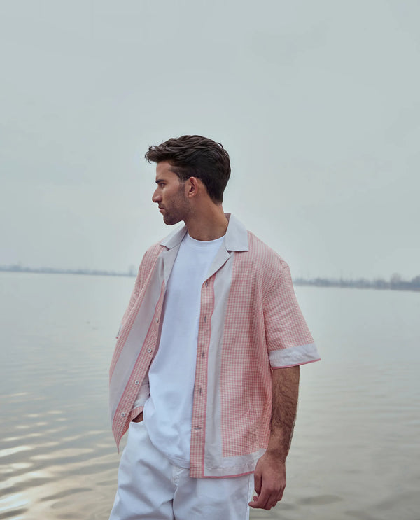 Rare Rabbit Men Velix Light Pink Cotton Modal Fabric Cuban Collared Boxy Fit Houndstooth Print Shirt