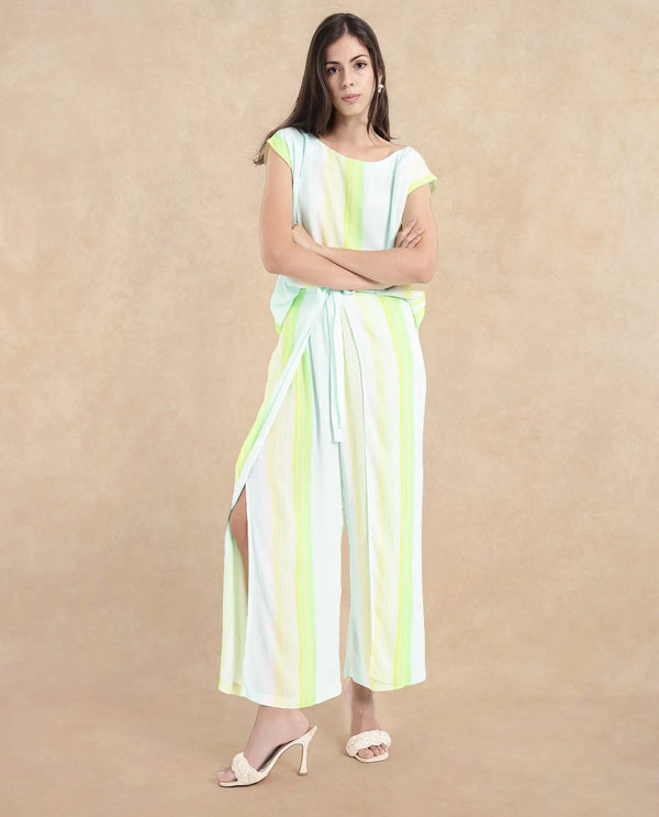 Rareism Women Yadot-B Multi Tie-Up Closure Wide Fit Ankle Length Broad Stripes Trouser