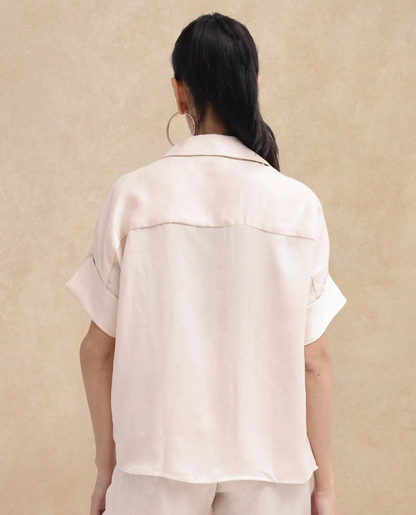 Rareism Women Yamato-T Light Beige Extended Sleeves Collared Neck Boxy Fit Plain Top
