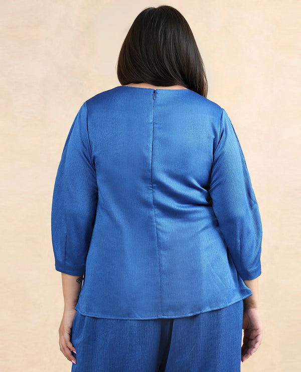 Rareism Women Yan Blue Volume Sleeve Round Neck Zipper Closure Regular Fit Plain Top