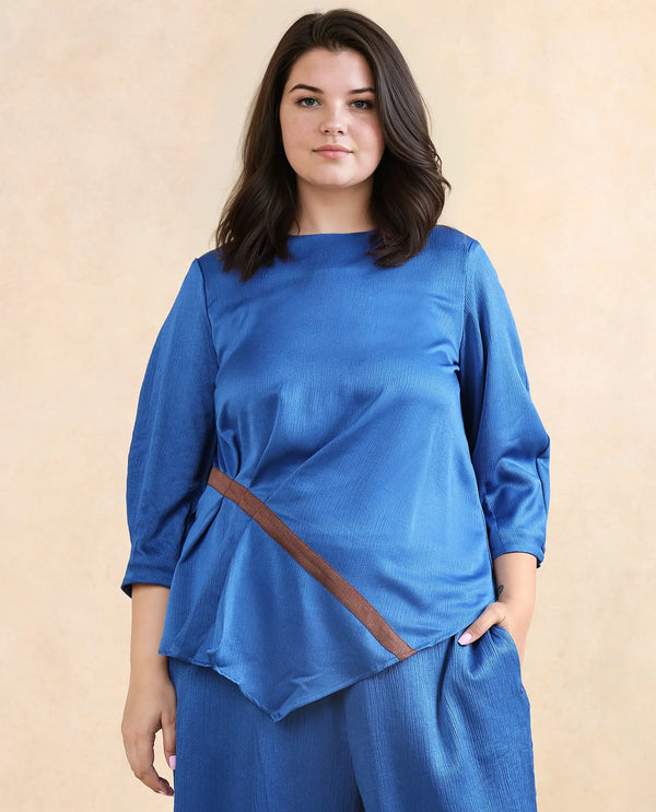 Rareism Women Yan Blue Volume Sleeve Round Neck Zipper Closure Regular Fit Plain Top
