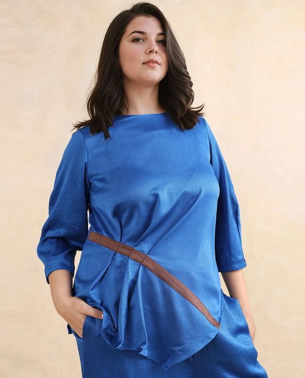 Rareism Women Yan Blue Volume Sleeve Round Neck Zipper Closure Regular Fit Plain Top