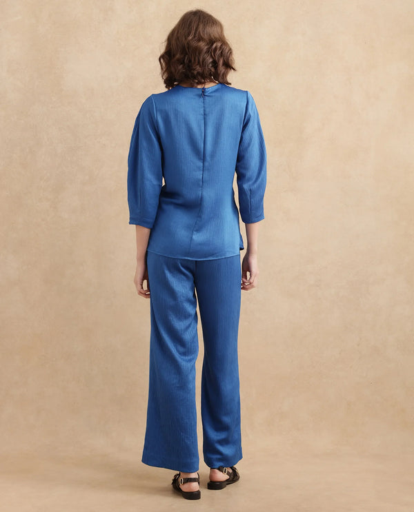 Rareism Women Yan Blue Volume Sleeve Round Neck Zipper Closure Regular Fit Plain Top