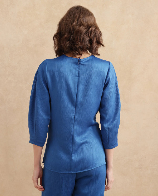 Rareism Women Yan Blue Volume Sleeve Round Neck Zipper Closure Regular Fit Plain Top