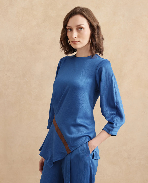 Rareism Women Yan Blue Volume Sleeve Round Neck Zipper Closure Regular Fit Plain Top