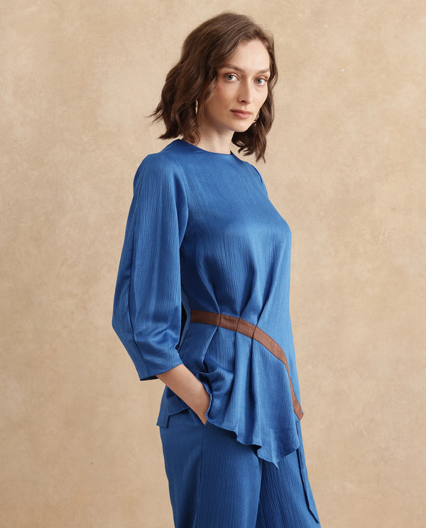 Rareism Women Yan Blue Volume Sleeve Round Neck Zipper Closure Regular Fit Plain Top