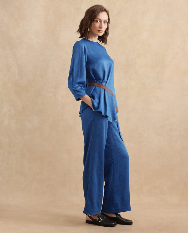 Rareism Women Yan Blue Volume Sleeve Round Neck Zipper Closure Regular Fit Plain Top