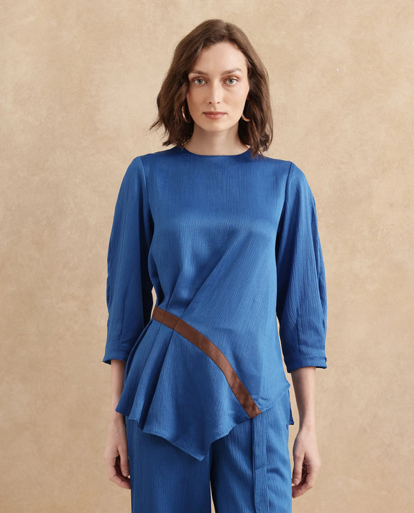Rareism Women Yan Blue Volume Sleeve Round Neck Zipper Closure Regular Fit Plain Top