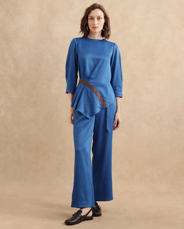 Rareism Women Yan Blue Volume Sleeve Round Neck Zipper Closure Regular Fit Plain Top