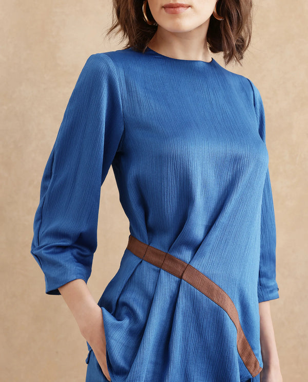 Rareism Women Yan Blue Volume Sleeve Round Neck Zipper Closure Regular Fit Plain Top