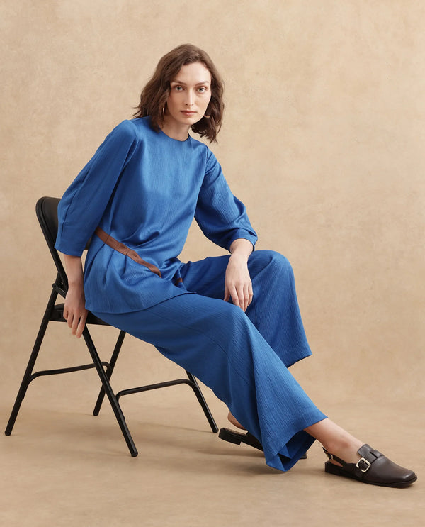 Rareism Women Yan Blue Volume Sleeve Round Neck Zipper Closure Regular Fit Plain Top