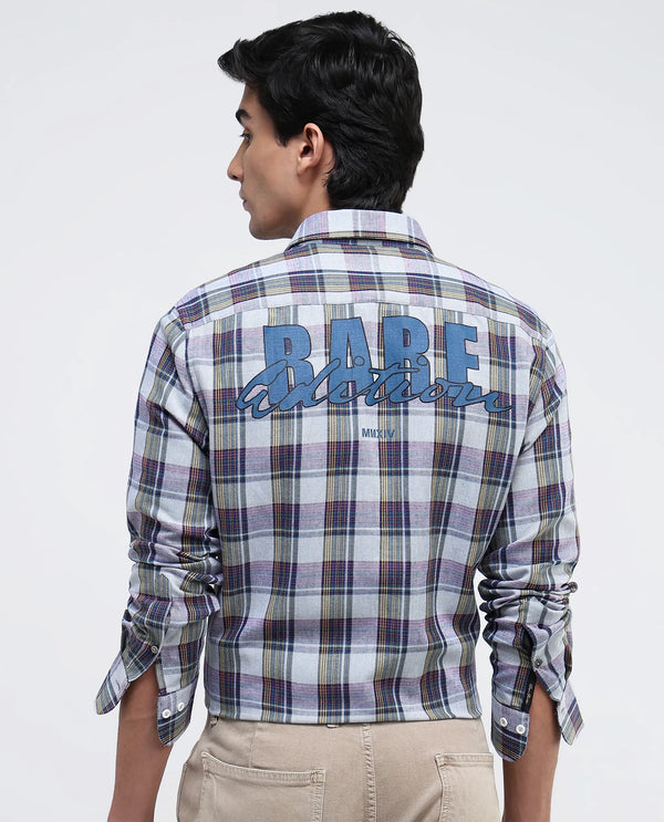 Rare Rabbit Men's Yanda Grey Cotton Fabric Full Sleeve Regular Fit Graphic Back Print Checks Shirt