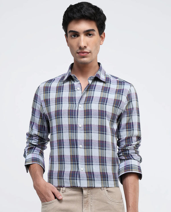 Rare Rabbit Men's Yanda Grey Cotton Fabric Full Sleeve Regular Fit Graphic Back Print Checks Shirt