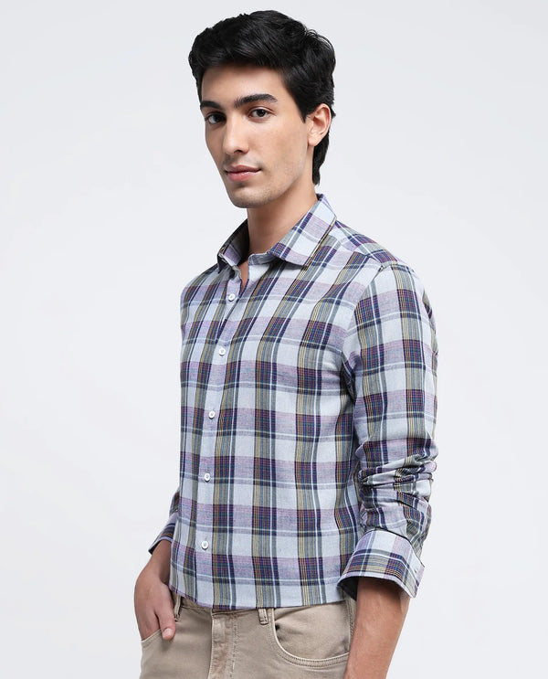 Rare Rabbit Men's Yanda Grey Cotton Fabric Full Sleeve Regular Fit Graphic Back Print Checks Shirt