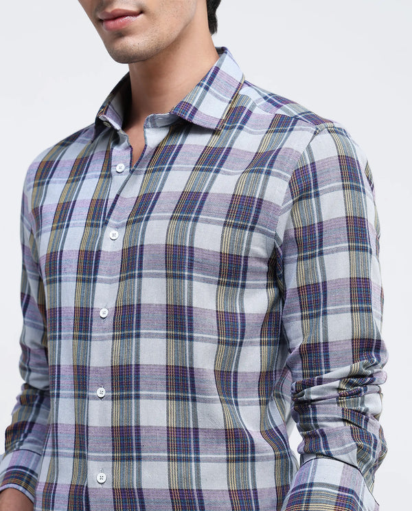Rare Rabbit Men's Yanda Grey Cotton Fabric Full Sleeve Regular Fit Graphic Back Print Checks Shirt