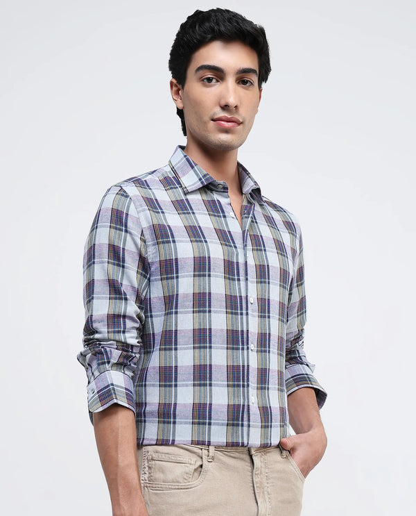 Rare Rabbit Men's Yanda Grey Cotton Fabric Full Sleeve Regular Fit Graphic Back Print Checks Shirt