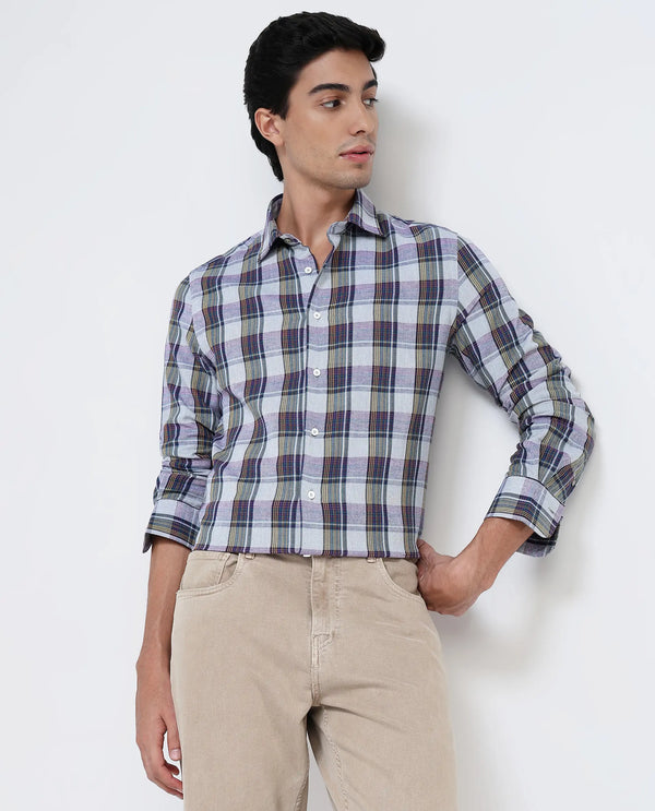 Rare Rabbit Men's Yanda Grey Cotton Fabric Full Sleeve Regular Fit Graphic Back Print Checks Shirt