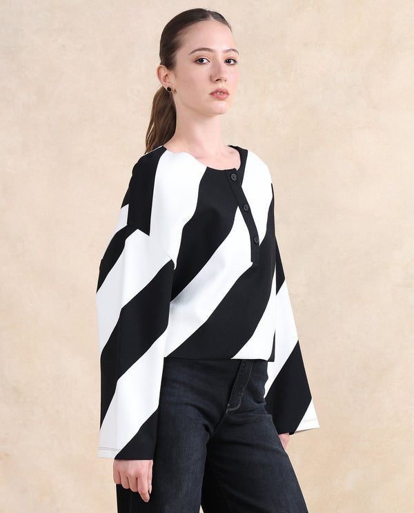 Rareism Women Yarny Black Full Sleeve Henley Neck Button Closure Relaxed Fit Broad Stripes Top
