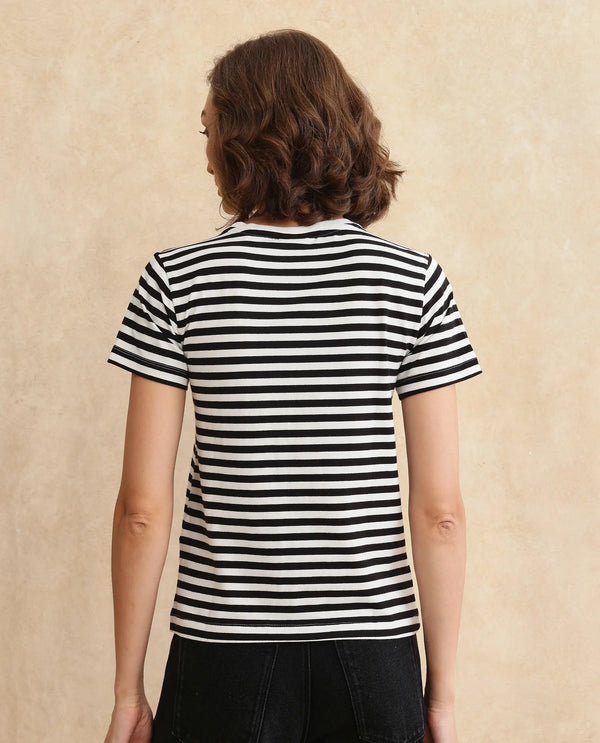 Rareism Women Yaro Black Cotton Lycra Fabric Short Sleeve Crew Neck Plain T-Shirt