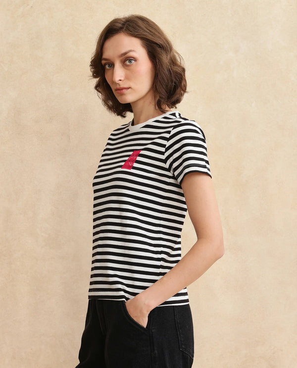Rareism Women Yaro Black Cotton Lycra Fabric Short Sleeve Crew Neck Plain T-Shirt