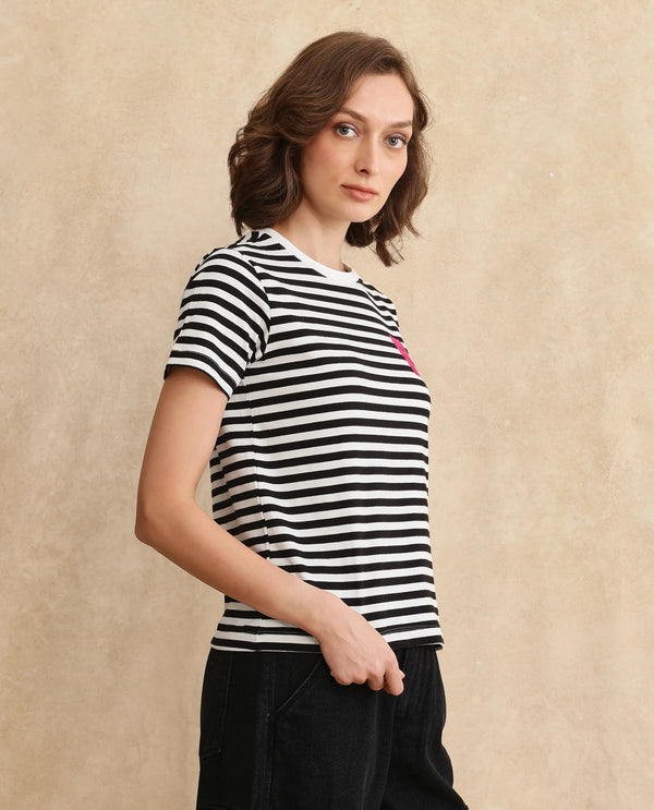 Rareism Women Yaro Black Cotton Lycra Fabric Short Sleeve Crew Neck Plain T-Shirt
