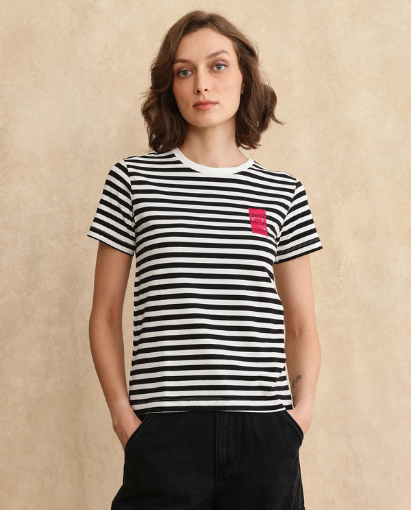 Rareism Women Yaro Black Cotton Lycra Fabric Short Sleeve Crew Neck Plain T-Shirt