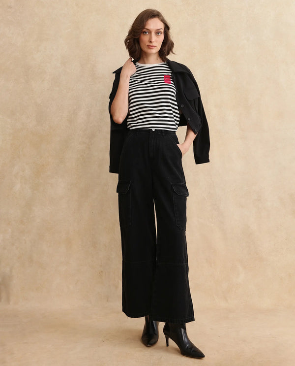 Rareism Women Yaro Black Cotton Lycra Fabric Short Sleeve Crew Neck Plain T-Shirt