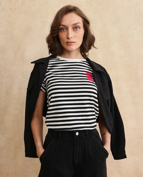 Rareism Women Yaro Black Cotton Lycra Fabric Short Sleeve Crew Neck Plain T-Shirt