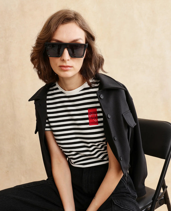 Rareism Women Yaro Black Cotton Lycra Fabric Short Sleeve Crew Neck Plain T-Shirt