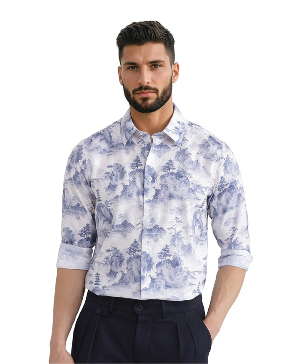 Rare Rabbit Men's Yashi Off-white Cotton Fabric Full Sleeve Regular Collared Button Closure Abstract Print Shirt