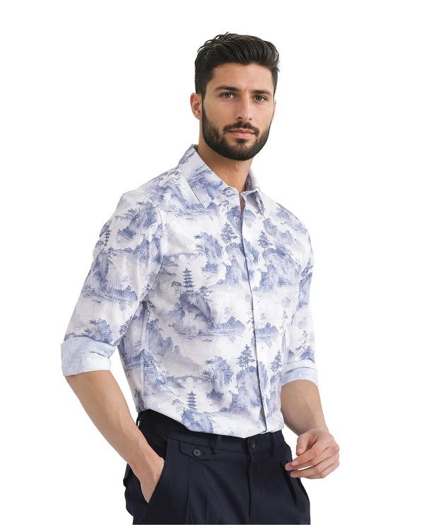 Rare Rabbit Men's Yashi Off-white Cotton Fabric Full Sleeve Regular Collared Button Closure Abstract Print Shirt