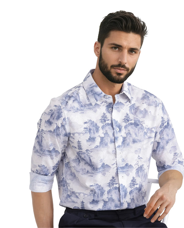 Rare Rabbit Men's Yashi Off-white Cotton Fabric Full Sleeve Regular Collared Button Closure Abstract Print Shirt