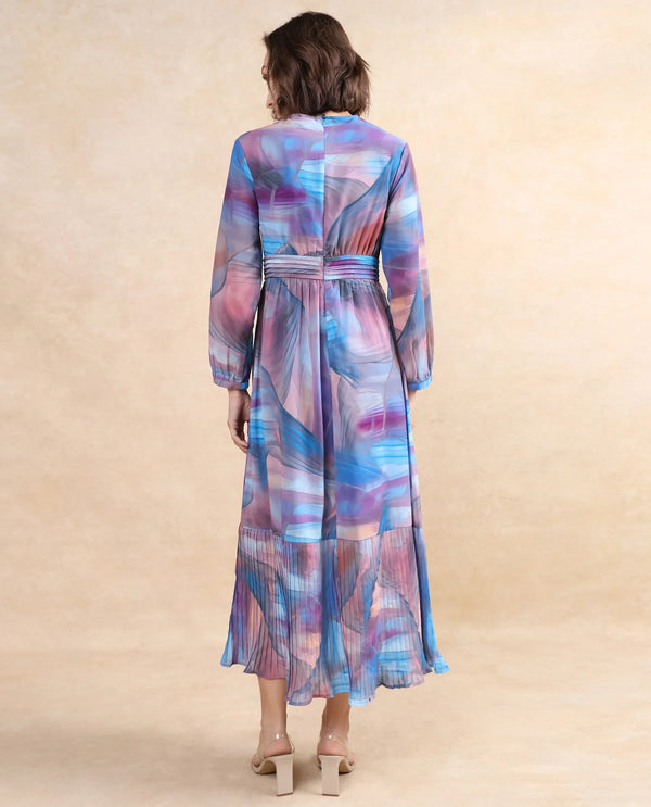 Rareism Women's Yason Multi  Crew Neck Zipper Closure Bishop Sleeve Abstract Fit And Flare Maxi Dress